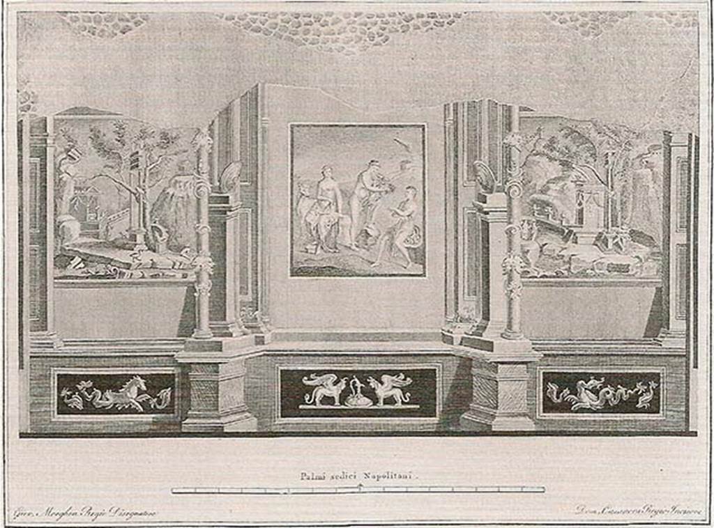 VIII.7.28 Pompeii. Old painting of north wall of the Ekklesiasterion by Giovanni Elia Morghen, engraved by Domenico Casanova.
In the centre is the painting of Io, Argo and Hermes.
At the sides are views of shrines in rocky landscapes that recall those of Upper Egypt.
According to ICCD this may have been produced for a volume of the Antichità di Ercolano.
The copper plates for this are now in Naples Archaeological Museum. Inventory number 351731.