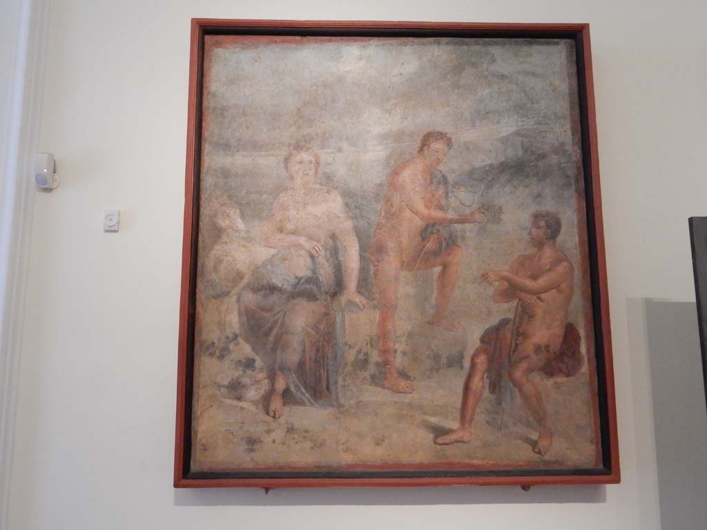 VIII.7.28 Pompeii. June 2019.
Painting of Io, Argo and Hermes, found in the central area of the north wall of Ekklesiasterion.
Photo courtesy of Buzz Ferebee.