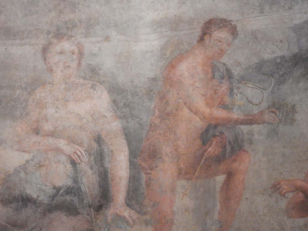 VIII.7.28 Pompeii. June 2019.
Detail from painting of Io and Hermes, found in the central area of the north wall of Ekklesiasterion. Photo courtesy of Buzz Ferebee.