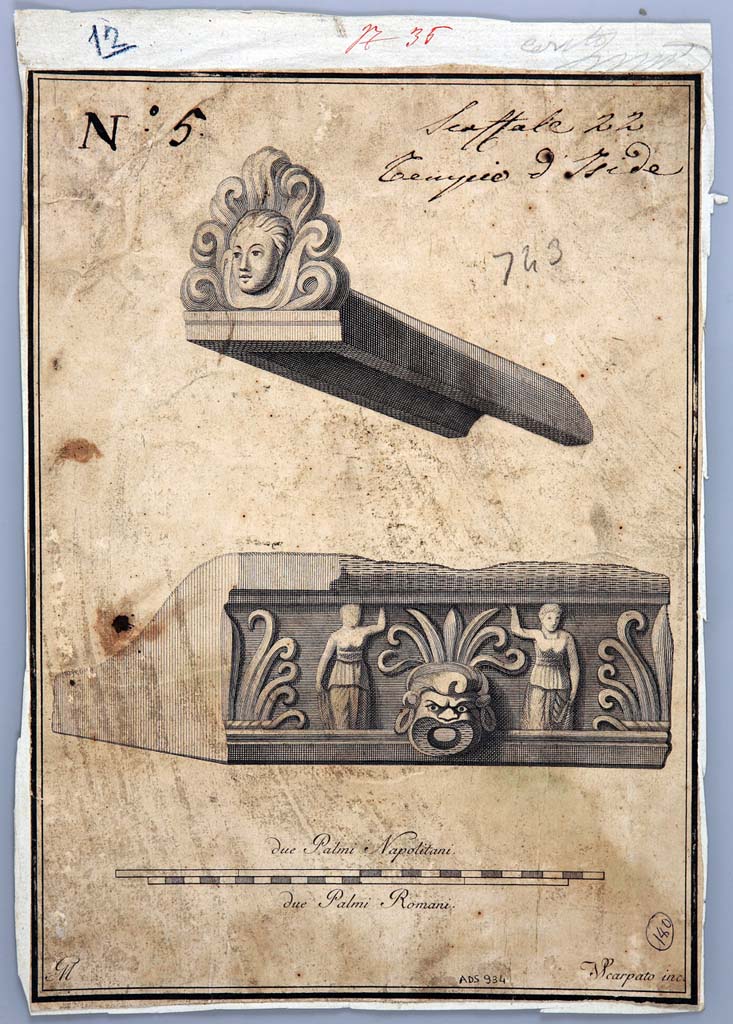 VIII.7.28 Pompeii. Drawing by Giovanni Elia Morghen of antefixes from temple.
Now in Naples Archaeological Museum. Inventory number ADS 934.
Photo © ICCD. http://www.catalogo.beniculturali.it
Utilizzabili alle condizioni della licenza Attribuzione - Non commerciale - Condividi allo stesso modo 2.5 Italia (CC BY-NC-SA 2.5 IT)