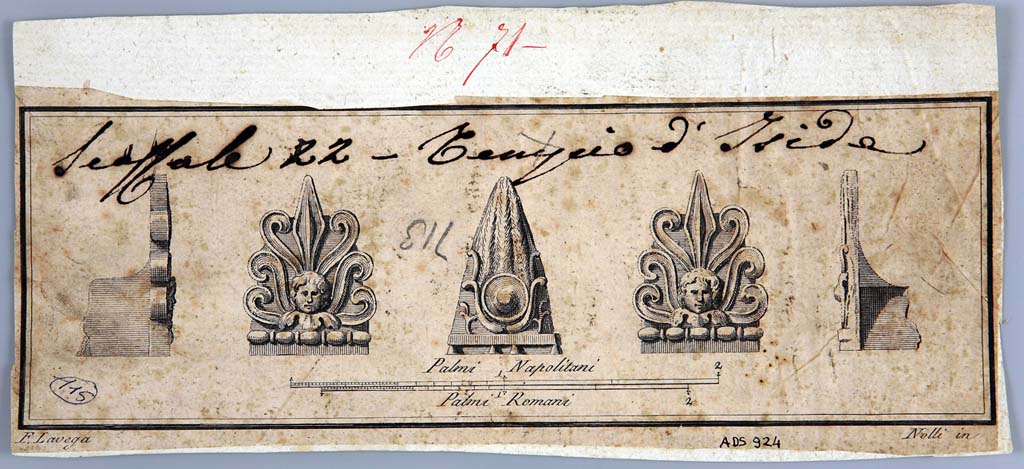 VIII.7.28 Pompeii. Drawing by Francesco La Vega of three antefixes from temple. 
Now in Naples Archaeological Museum. Inventory number ADS 924.
Photo � ICCD. http://www.catalogo.beniculturali.it
Utilizzabili alle condizioni della licenza Attribuzione - Non commerciale - Condividi allo stesso modo 2.5 Italia (CC BY-NC-SA 2.5 IT)
