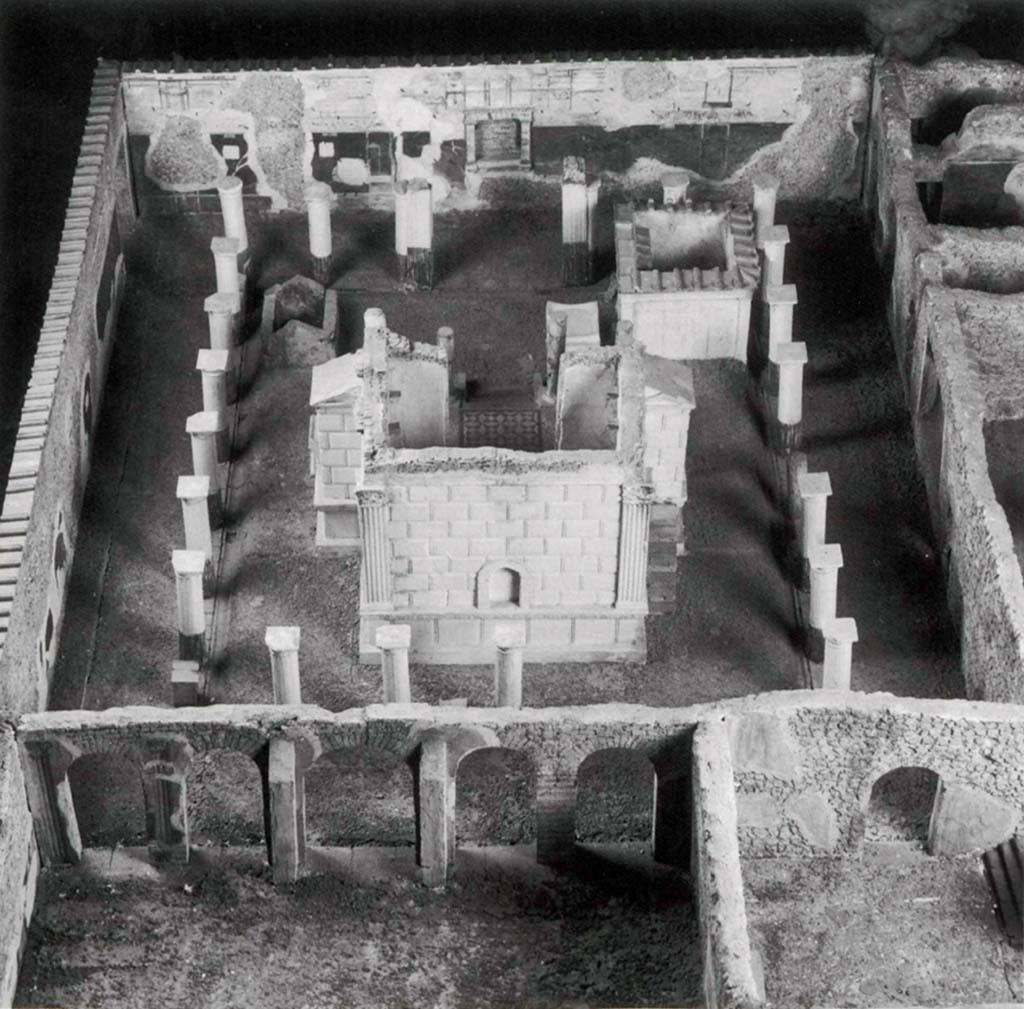 VIII.7.28 Pompeii. Looking east, across model of temple made by Giovanni Altieri in 1784.
Formerly in Medelhavsmuseet, Stockholm, Sweden, inventory number NM Drh Sk 281. Now deaccessioned.
Photo by Margareta Sjöblom. Medelhavsmuseet, Stockholm, Sweden.
See http://collections.smvk.se/carlotta-mhm/web/object/4072359
See Kockel V., 2004. Towns and Tombs: Three-Dimensional Documentation of Archaeological Sites in The Kingdom of Naples in the Late Eighteenth and Early Nineteenth Centuries, fig. 1.

