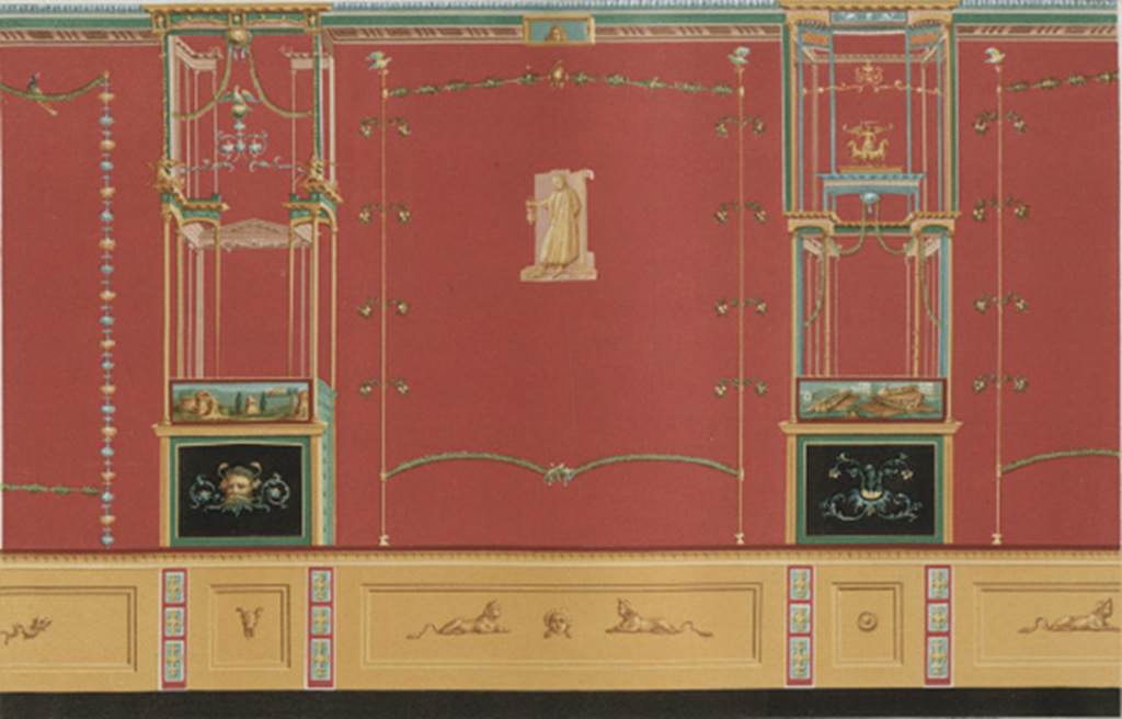 VIII.7.28 Pompeii. 1854. Painting of a typical wall inside the portico.
See Niccolini F, 1854. Le case ed i monumenti di Pompei: Volume Primo. Napoli. (Tav. 11).