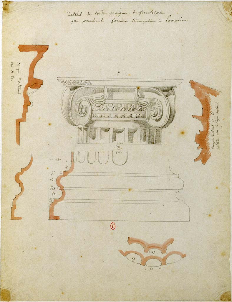 VIII.7.30 Pompeii. 1848? Sketch of detail of Ionic capital in the Triangular Forum.
See Plantar, Jean-Baptiste (1790-1879) Album de dessins d'architecture et d'art décoratif, p. 23 of 73.
INHA Identifiant numérique : NUM MS 675. See Book on INHA
Document placé sous « Licence Ouverte / Open Licence » Etalab