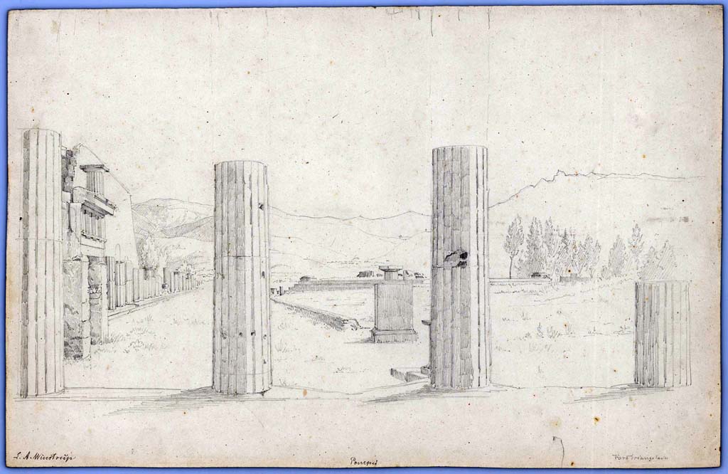 VIII.7.30 Pompeii. 1849. Drawing by Laurits Albert Winstrup. Triangular Forum, looking south.
Photo © Danmarks Kunstbibliotek, inventory number ark_6093.