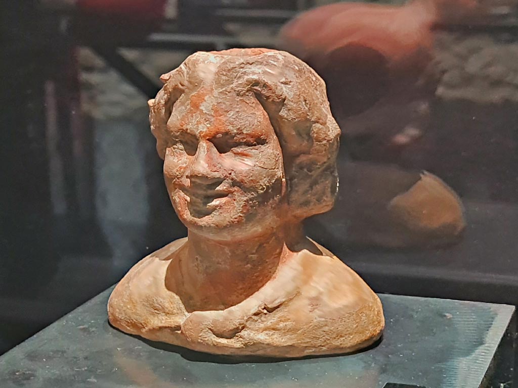 VIII.7.31 Pompeii. Doric Temple. Photo courtesy of Giuseppe Ciaramella.
Bust of young satyr, Terracotta, First half of Ist century BC. (Busto di giovane satiro, Terracotta, prima meta I sec. a.C.)
On display in exhibition in Palaestra entitled – “L’altra Pompei, vite comuni all’ombra del Vesuvio”. March 2024.