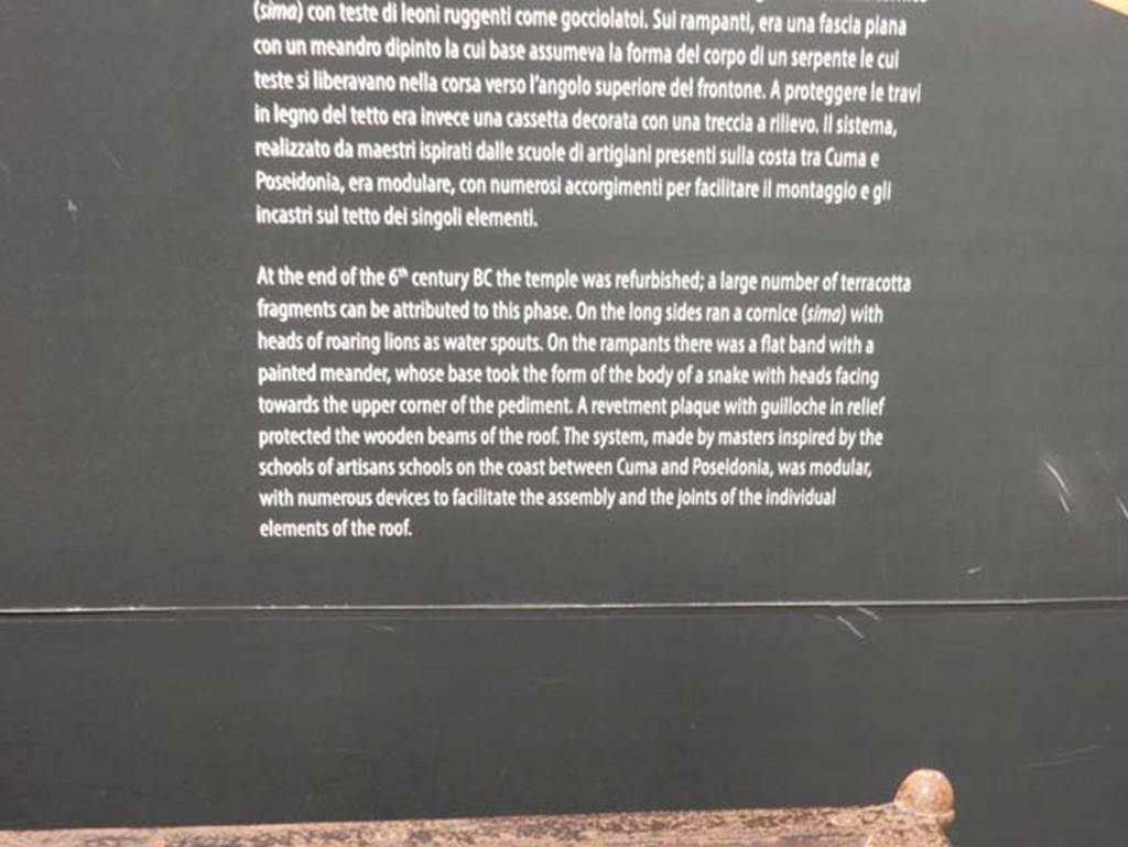 VIII.7.31 Pompeii, May 2018. Display information notice-board.
The temple was refurbished at the end of the 6th Century BC and a large number of terracotta fragments have been found from this phase.
Photo courtesy of Buzz Ferebee.