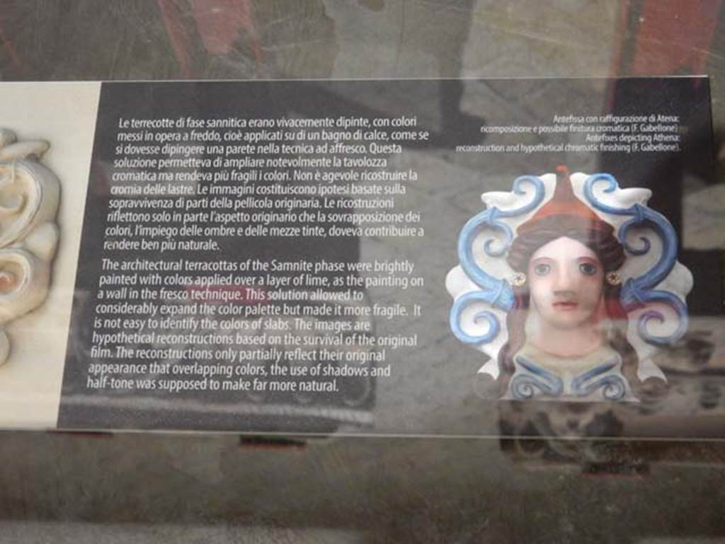 VIII.7.31 Pompeii, May 2018. Architectural terracotta’s from the Samnite phase were brightly painted.
Antiquarium information card showing hypothetical colour reconstruction based on surviving material.
Photo courtesy of Buzz Ferebee.