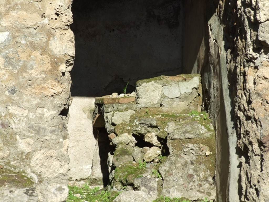 IX.1.4 Pompeii. March 2009. Hearth against south wall in rear room.
According to Boyce, somewhere in this shop on an east wall was a panel of special stucco. In this panel were painted two red serpents confronted at an altar. A tile was embedded in the wall below their heads, to serve as a shelf for offerings. There does not appear to be any signs today of either a tile or painting.
See Boyce G. K., 1937. Corpus of the Lararia of Pompeii. Rome: MAAR 14. (p.79)
According to Eschebach, the serpents were painted on the right pilaster of the shop room.
See Eschebach, L., 1993. Gebäudeverzeichnis und Stadtplan der antiken Stadt Pompeji. Köln: Böhlau. (p.398)