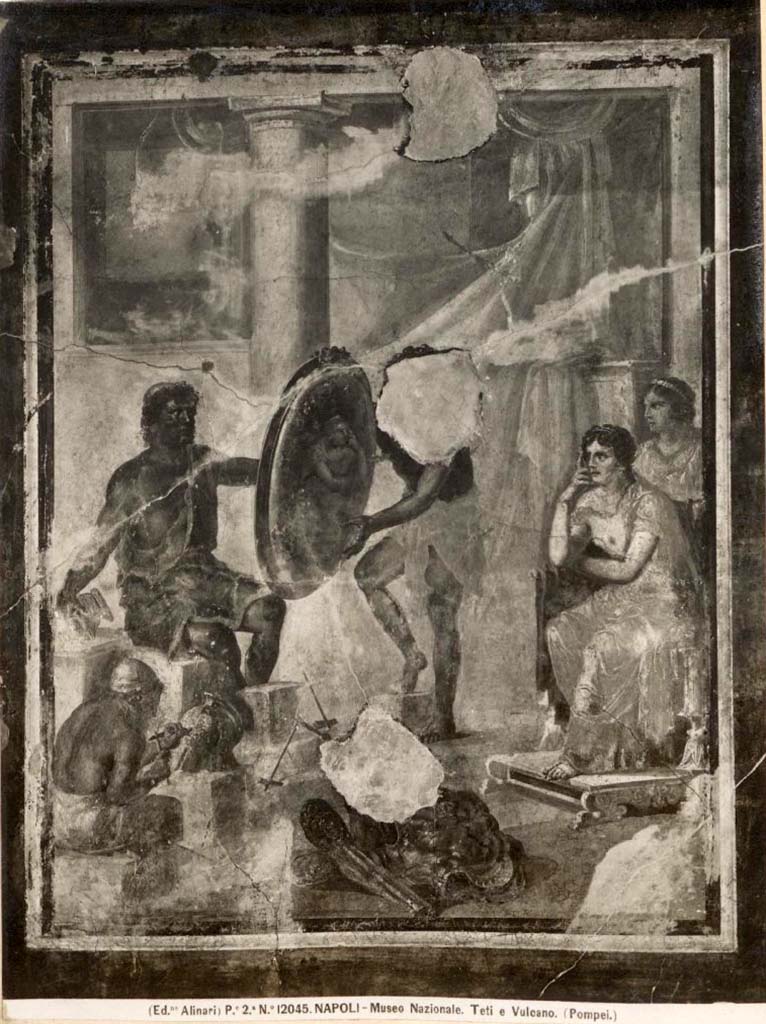 IX.1.7 Pompeii. Found in 1866, north wall of triclinium. Wall painting of Thetis in the workshop of Hephaistos.
Now in the Naples Archaeological Museum. Inventory Number 9529. Photo by Tatiana Warscher.
See Warscher, T. Codex Topographicus Pompeianus, IX.1. (1943), Swedish Institute, Rome. (no.34), p. 53.