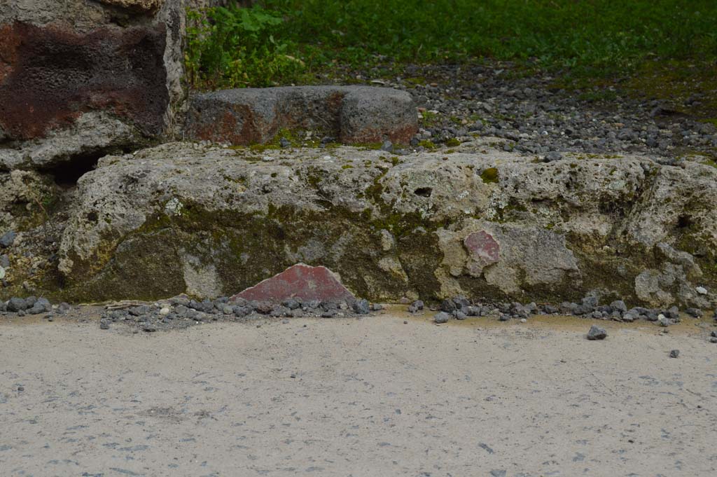 IX.1.13 Pompeii. March 2018. Detail of remaining painted plaster on step at entrance.
Foto Taylor Lauritsen, ERC Grant 681269 DÉCOR.