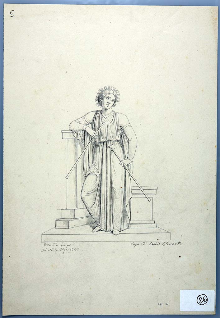 IX.1.20 Pompeii. Drawing by Nicola La Volpe, 1866, of painting of the Muse Euterpe from south wall of triclinium.
See Helbig, W., 1868. Wandgemälde der vom Vesuv verschütteten Städte Campaniens. Leipzig: Breitkopf und Härtel, (863b).
Now in Naples Archaeological Museum. Inventory number ADS 961.
Photo © ICCD. http://www.catalogo.beniculturali.it
Utilizzabili alle condizioni della licenza Attribuzione - Non commerciale - Condividi allo stesso modo 2.5 Italia (CC BY-NC-SA 2.5 IT)