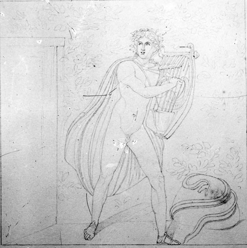 231315 Bestand-D-DAI-ROM-W.0340 Apollo
IX.1.20 Pompeii. W.340. Room 9, drawing of Apollo from panel at west end of north wall, opposite the panel of Marsyas on the south wall.
Photo by Tatiana Warscher. With kind permission of DAI Rome, whose copyright it remains.
See http://arachne.uni-koeln.de/item/marbilderbestand/231315