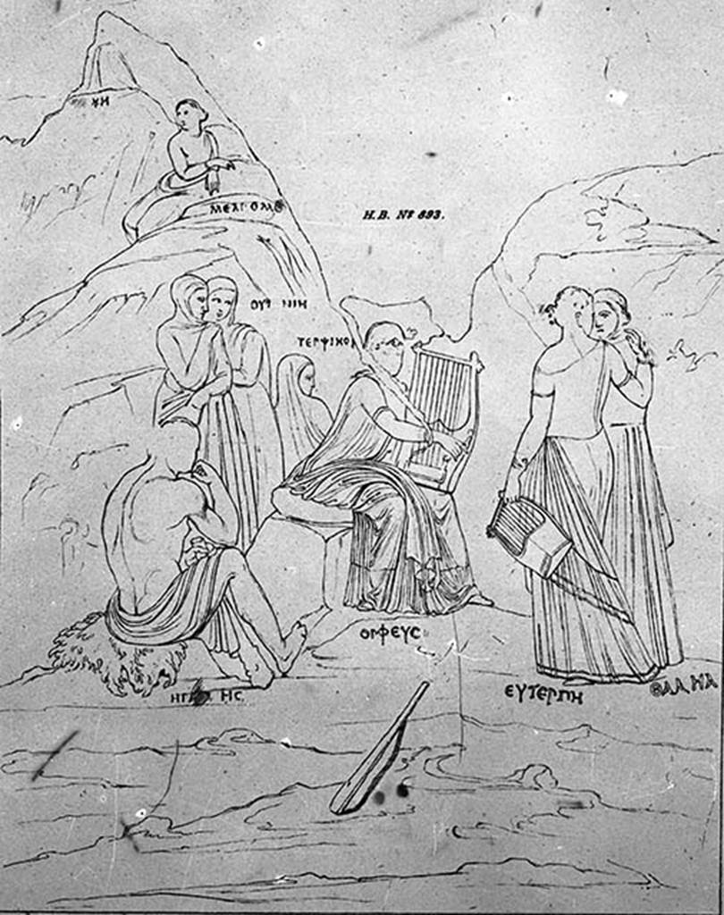 IX.1.22 Pompeii. W.345. Room 19, drawing of wall painting from north wall showing Hercules, Orpheus, and the muses.
See Helbig, W., 1868. Wandgemälde der vom Vesuv verschütteten Städte Campaniens. Leipzig: Breitkopf und Härtel. (893), Taf. X.
Photo by Tatiana Warscher. Photo © Deutsches Archäologisches Institut, Abteilung Rom, Arkiv.
