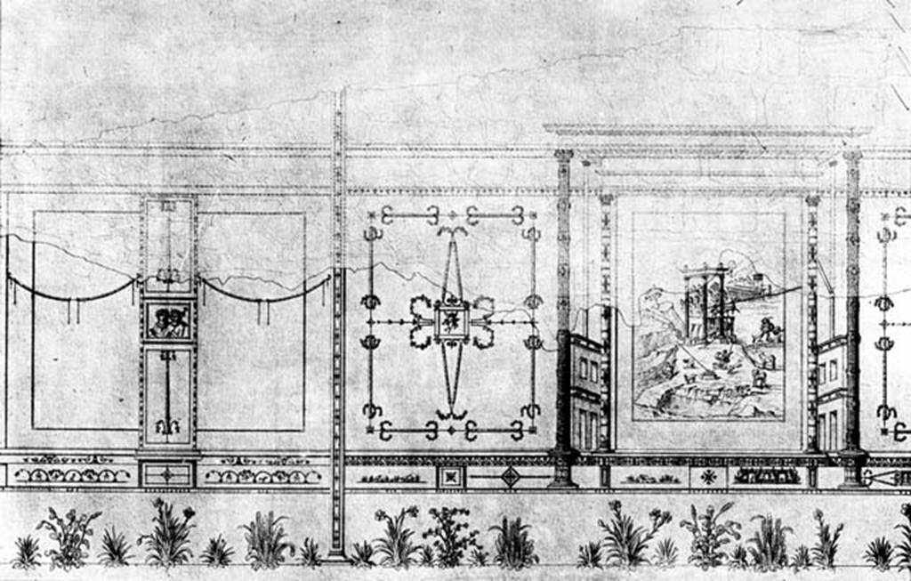 231177 Bestand-D-DAI-ROM-W.349.jpg
IX.1.22 Pompeii. W.349. Room 19, drawing of wall decoration from west wall of exedra/triclinium.
Photo by Tatiana Warscher. With kind permission of DAI Rome, whose copyright it remains.
See http://arachne.uni-koeln.de/item/marbilderbestand/231177
See Mau, A. 1882. Geschichte der Decorativen Wandmalerei in Pompeji. Berlin: Reimer, Tav. 15.