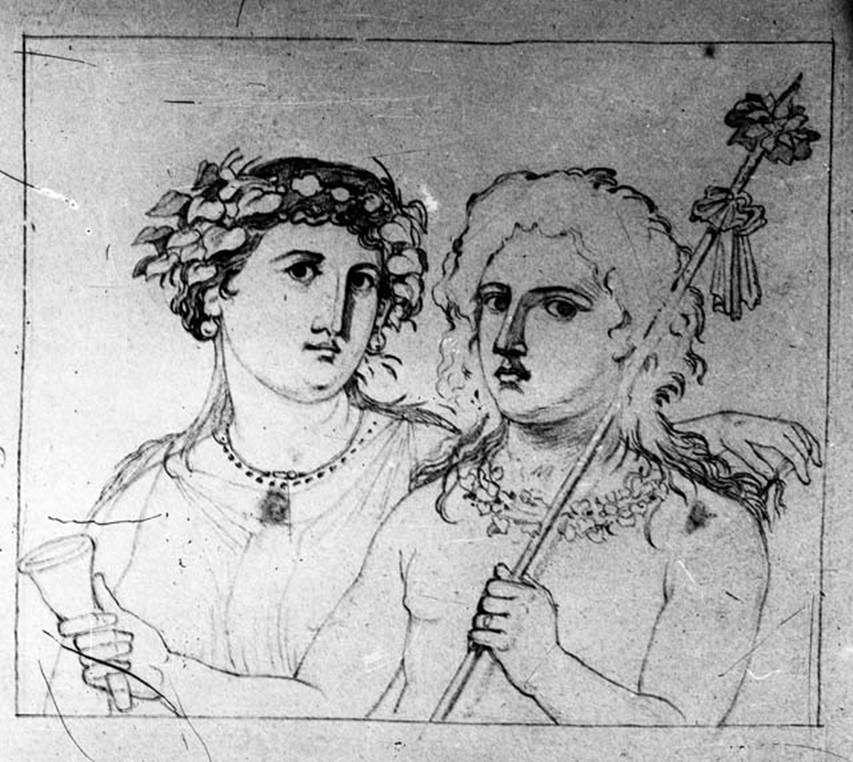 231676 Bestand-D-DAI-ROM-W.348.jpg
IX.1.22 Pompeii. W.348. Room 19, drawing of painting from south end of west wall showing Dionysus and Ariadne .
See Helbig, W., 1868. Wandgemälde der vom Vesuv verschütteten Städte Campaniens. Leipzig: Breitkopf und Härtel. (384b)
Photo by Tatiana Warscher. With kind permission of DAI Rome, whose copyright it remains.
See http://arachne.uni-koeln.de/item/marbilderbestand/231676