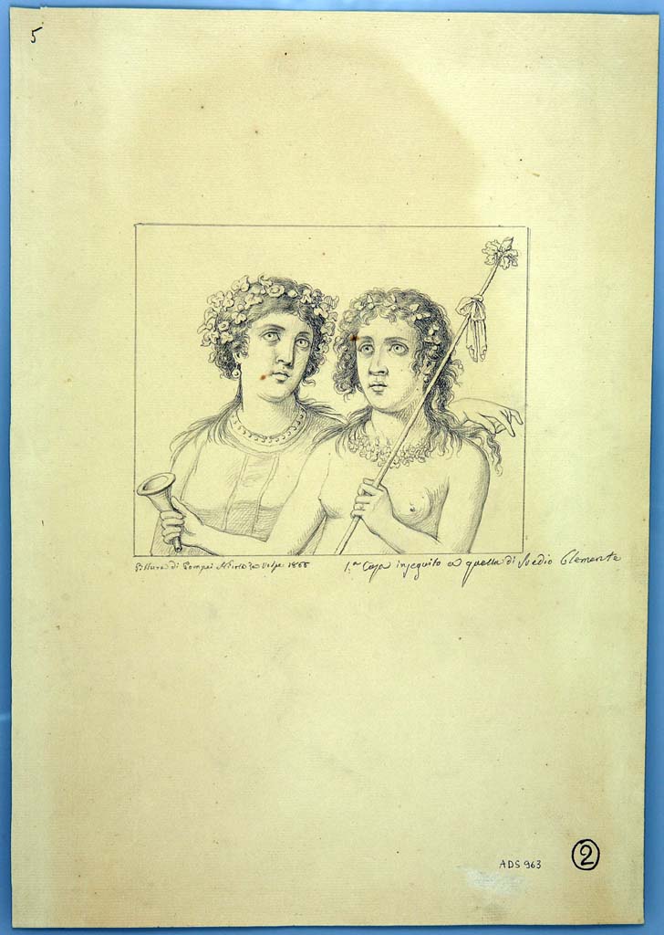 IX.1.22 Pompeii. Drawing by Nicola La Volpe, 1866, of painting of Dionysus and Ariadne from west wall of room 19.
This is described as being from “the house following that of Suedius Clemens”, this was his description of IX.I.20.
Now in Naples Archaeological Museum. Inventory number ADS 963.
Photo © ICCD. https://www.catalogo.beniculturali.it
Utilizzabili alle condizioni della licenza Attribuzione - Non commerciale - Condividi allo stesso modo 2.5 Italia (CC BY-NC-SA 2.5 IT)
Kuivalainen describes the two drawings above, on a blue background, almost damaged:
N. La Volpe (1866) emphasizes the breasts; L. Schulz (1867) does not show such an effeminate Bacchus.–
“Behind, on the left, a robed female figure with a necklace and earrings; she has long hair and wears a wreath of ivy; with the fingers of her left hand she fiddles with the long hair of a tanned naked youth on the right. He is depicted with effeminate breasts; he has a floral wreath around his neck and a wreath of ivy on his head; he holds a rhyton in his right hand and a thyrsus in his left hand.”
Kuivalainen comments –
“An effeminate young Bacchus depicted with Ariadne or a maenad. The wreath or a short garland around his neck is a rarity.”
See Kuivalainen, I., 2021. The Portrayal of Pompeian Bacchus. Commentationes Humanarum Litterarum 140. Helsinki: Finnish Society of Sciences and Letters, (p.132, D11).