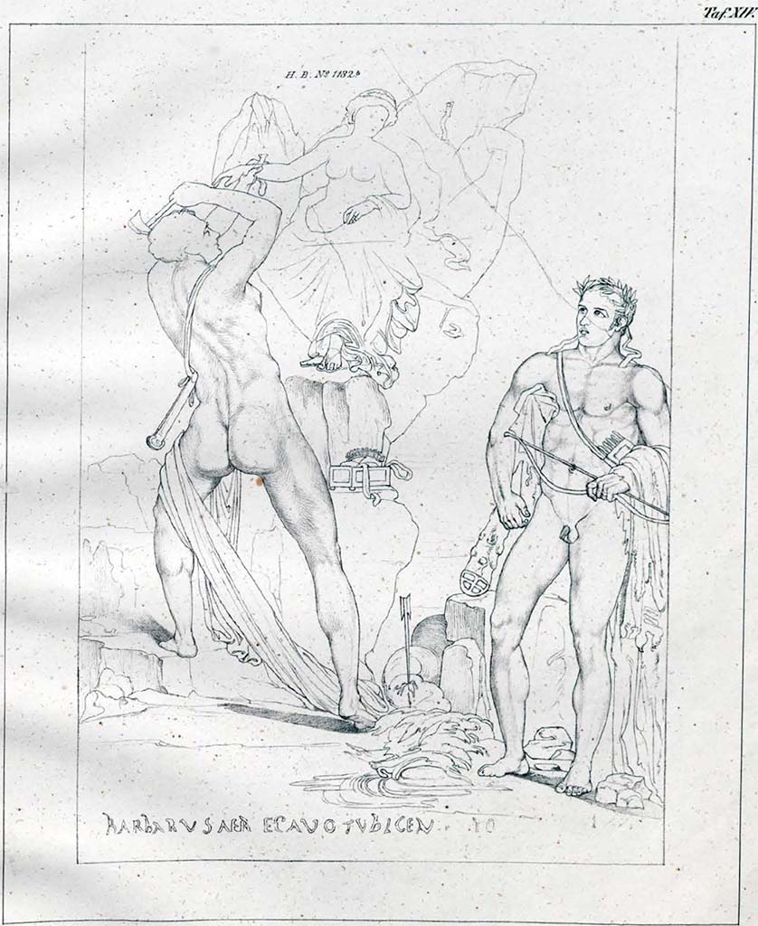 IX.1.22 Pompeii. 1868. Room 21, west wall.
Drawing by Helbig of painting seen on west wall showing Telamon and Hercules rescuing Hesione, but now nothing remains of it.
The drawing also showed the painted wording - BARBARUS AERE CAVO TUBICEN, seen at the time of excavation.
See Helbig, W., 1868. Wandgemälde der vom Vesuv verschütteten Städte Campaniens. Leipzig: Breitkopf und Härtel, 1132b, taf. XIV.
