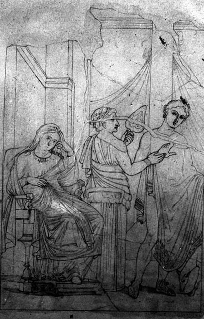 IX.1.22 Pompeii. W.350.
Room 21, drawing of painting from centre of east wall showing Phaedra and Hippolytus.
Photo by Tatiana Warscher. Photo © Deutsches Archäologisches Institut, Abteilung Rom, Arkiv.