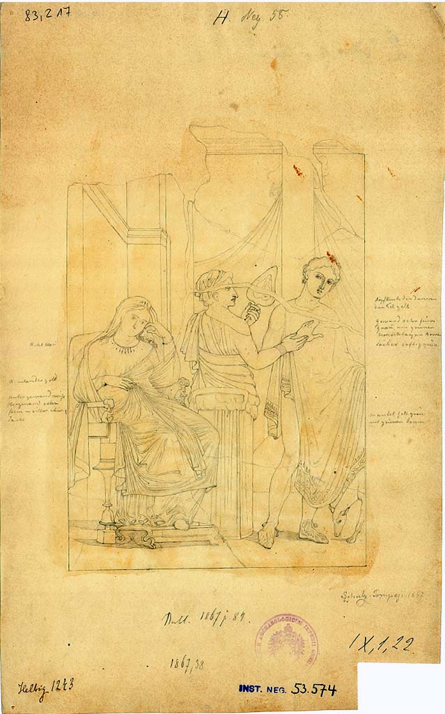 IX.1.22 Pompeii. 1867. Room 21, drawing of painting from centre of east wall showing Phaedra and Hippolytus.
DAIR 83.217. Photo © Deutsches Archäologisches Institut, Abteilung Rom, Arkiv.
See Helbig, W., 1868. Wandgemälde der vom Vesuv verschütteten Städte Campaniens. Leipzig: Breitkopf und Härtel, (1243).