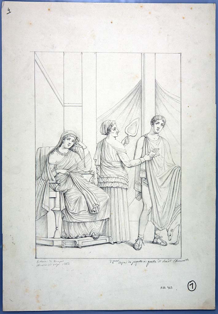 IX.1.22 Pompeii. Room 21, centre of east wall.
Drawing by Nicola La Volpe, 1866, of painting of Phaedra and Hippolytus, and the nurse, from the centre of the east wall.
See Helbig, W., 1868. Wandgemälde der vom Vesuv verschütteten Städte Campaniens. Leipzig: Breitkopf und Härtel, (1243).
Now in Naples Archaeological Museum. Inventory number ADS 965.
Photo © ICCD. http://www.catalogo.beniculturali.it
Utilizzabili alle condizioni della licenza Attribuzione - Non commerciale - Condividi allo stesso modo 2.5 Italia (CC BY-NC-SA 2.5 IT)
