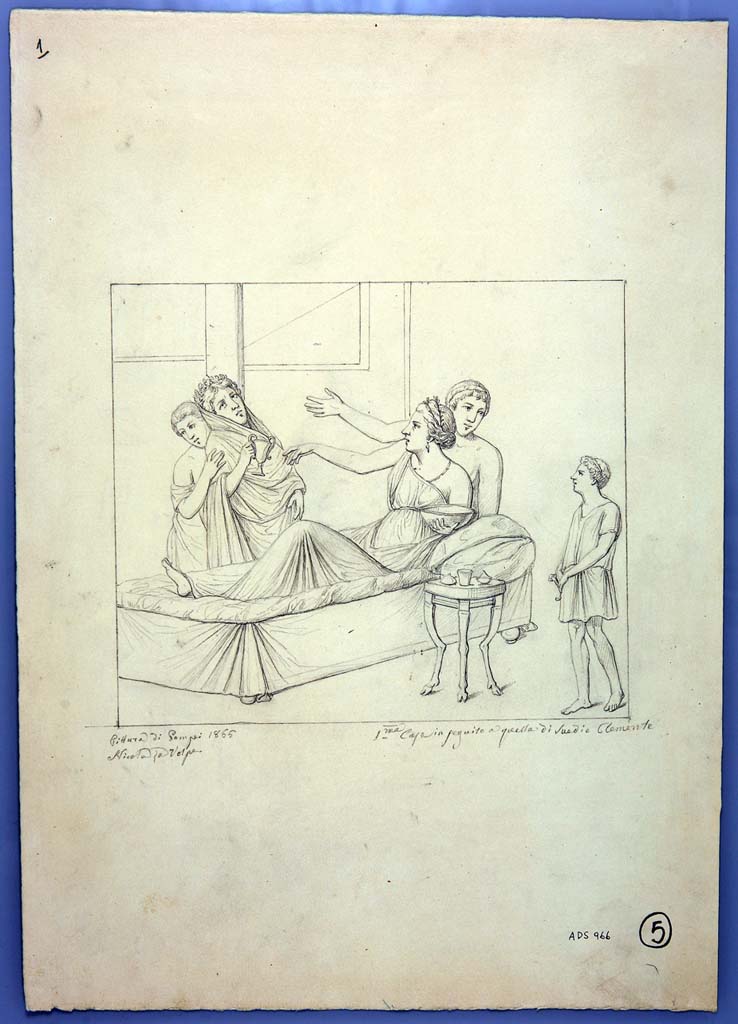 IX.1.22 Pompeii. Room 23, east wall of cubiculum.
Drawing by Nicola La Volpe, 1866, of a painting of a banqueting scene.
A man and a woman are seen lying on a bed and stretching their hands out to the right, to a woman holding a kàntharos in her right hand.
She is falling over and is supported by a handmaid.
On the bottom right is a young servant who observed the scene from near a table on which are glass and silver containers.
See Schöne in BdI, 1867, (p.85)
See Helbig, W., 1868. Wandgemälde der vom Vesuv verschütteten Städte Campaniens. Leipzig: Breitkopf und Härtel. (1447)
Now in Naples Archaeological Museum. Inventory number ADS 966.
Photo © ICCD. http://www.catalogo.beniculturali.it
Utilizzabili alle condizioni della licenza Attribuzione - Non commerciale - Condividi allo stesso modo 2.5 Italia (CC BY-NC-SA 2.5 IT)