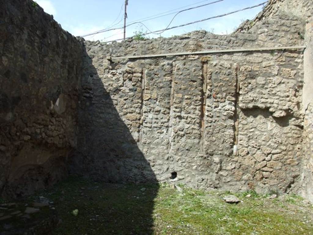 IX.1.27 Pompeii. March 2009. North wall.
According to Warscher � 
�In the north wall are three narrow vertical strips that mark the place where wooden planks were embedded into the wall, perhaps for the purpose of reinforcing the stucco. No satisfactory explanation has been given so far.�
She also quotes similar examples at VI.11.10, and VII.2.6.  
See Warscher, T. Codex Topographicus Pompeianus, IX.1. (1943), Swedish Institute, Rome. (no.143), p. 249.
