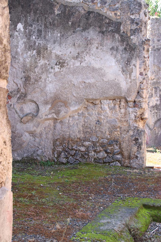 IX.1.29 Pompeii. October 2022.
Detail of lower west wall on south (left) side of doorway to peristyle. Photo courtesy of Klaus Heese.