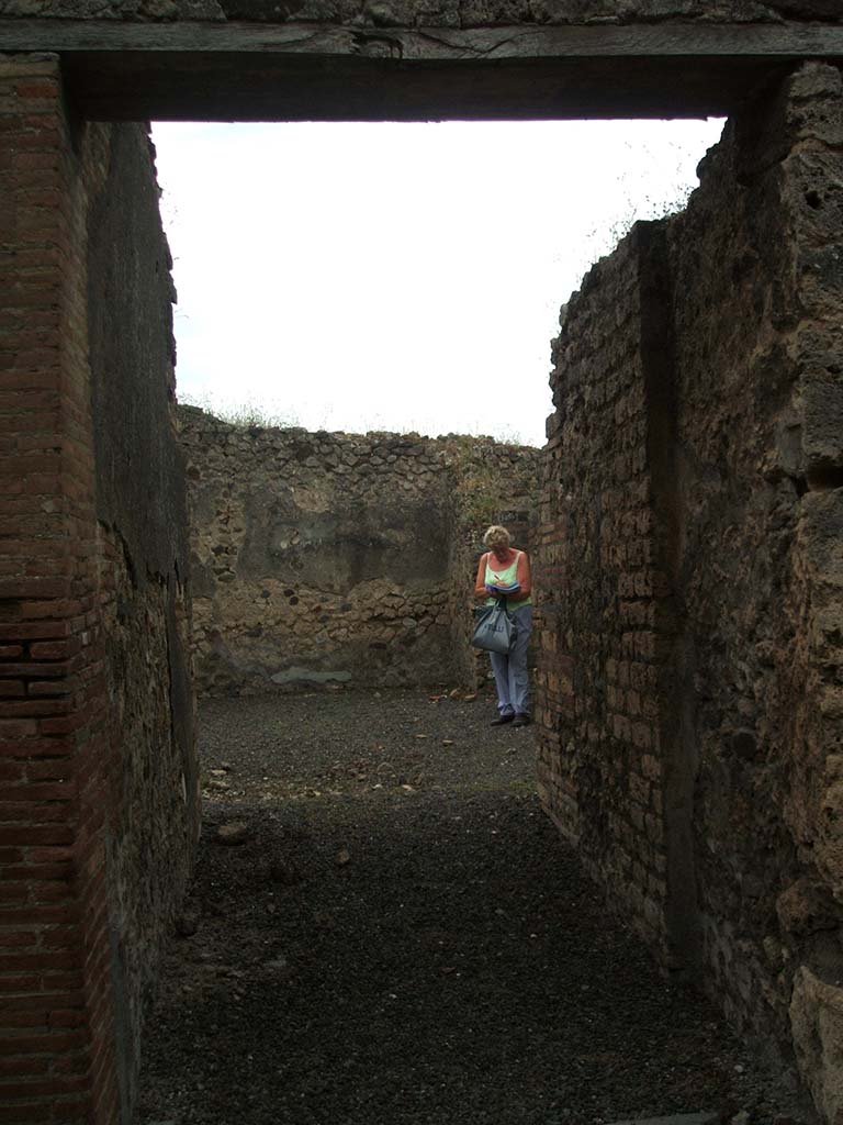 IX.1.32 Pompeii. May 2005. Looking south from entrance towards atrium.
According to Fiorelli, this was a modest dwelling, consisting of an entrance corridor, to the left of which was the small shop at IX.1.31 linked with the kitchen;
to the right of the entrance corridor was the triclinium; an atrium with masonry impluvium a tablinum and three other rooms, one of which was used as a dormitory.
See Fiorelli, G. (1875). Descrizione di Pompei, (p.377)
See Pappalardo, U., 2001. La Descrizione di Pompei per Giuseppe Fiorelli (1875). Napoli: Massa Editore. (p.140-1)
