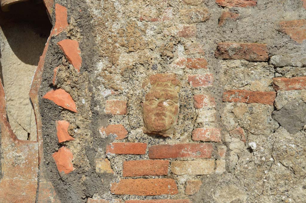 IX.2.2, on left, and IX.2.3, on right. March 2018.
Detail from central pilaster with downpipe. In the centre of the pilaster is a small terracotta face.
Foto Taylor Lauritsen, ERC Grant 681269 DÉCOR.