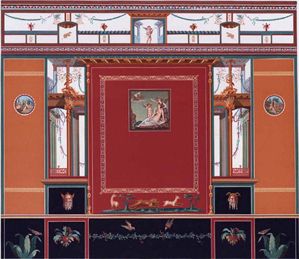 IX.2.5 Pompeii. 1886. Painting of north wall of triclinium.
In the centre is the painting of Ariadne seated on the ground watching the ship of Theseus sailing away.
Nemesis is at her shoulders and Cupid is turned towards her, holding his bow and wiping away his tears.
See D’Amelio P., 1886. Dipinti Murali di Pompei. Naples: Richter. Pl. V.
According to PPM this is not completely faithful in some particulars.
See Pompei: Pitture e Mosaici, Vol. VIII, Roma: Istituto della enciclopedia italiana, p. 1055.