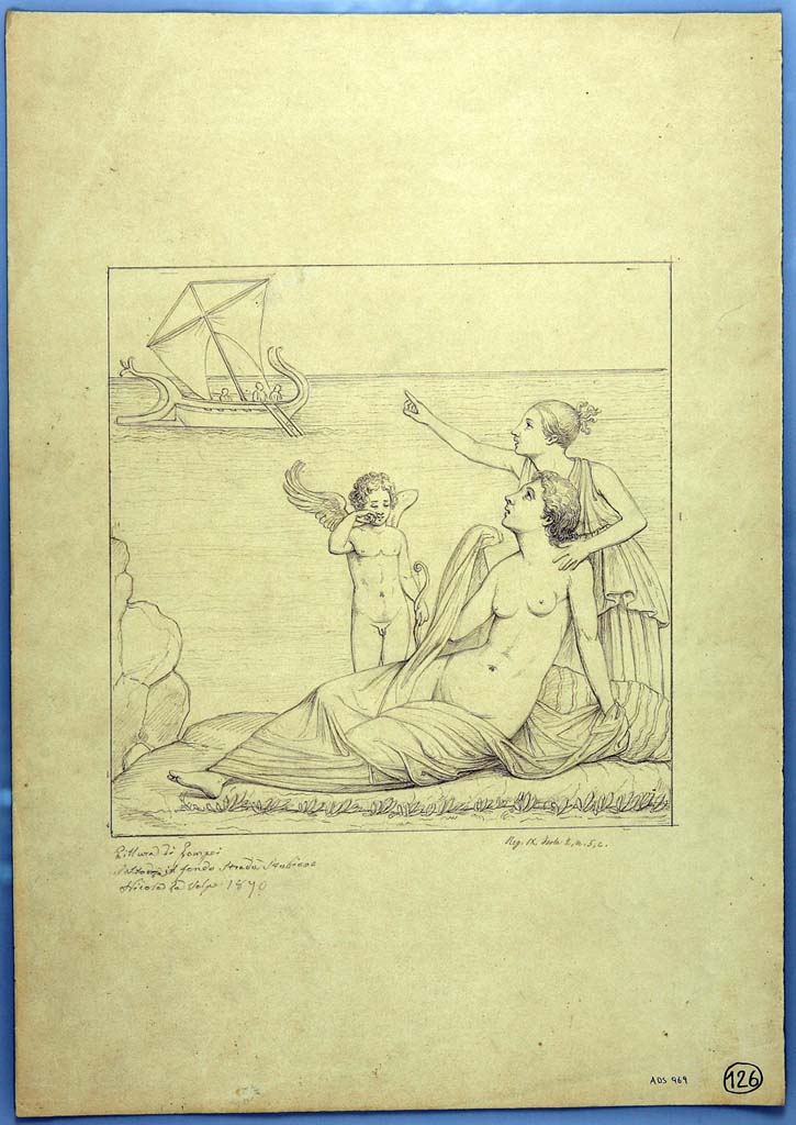 IX.2.5 Pompeii. Drawing by Nicola La Volpe, 1870, of painting from the centre of north wall of triclinium.
Ariadne seated on the ground watching the ship of Theseus sailing away.
Now in Naples Archaeological Museum. Inventory number ADS 969.
Photo © ICCD. http://www.catalogo.beniculturali.it
Utilizzabili alle condizioni della licenza Attribuzione - Non commerciale - Condividi allo stesso modo 2.5 Italia (CC BY-NC-SA 2.5 IT)