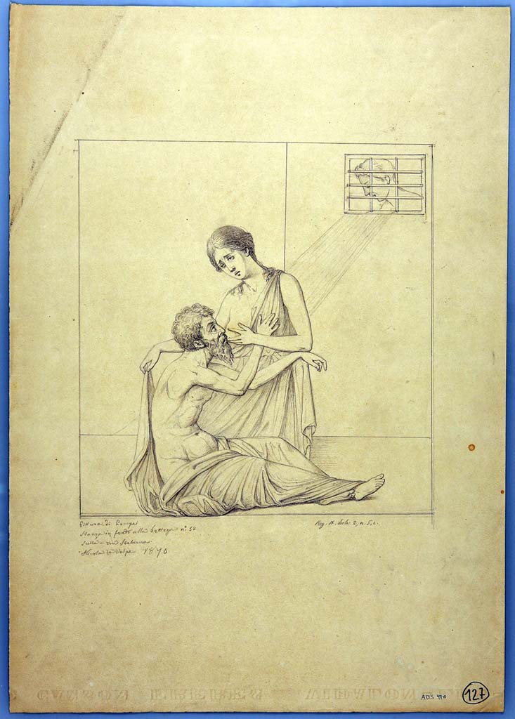 IX.2.5 Pompeii. Drawing by Nicola La Volpe, 1870, of painting of Perone and Cymon from south wall of triclinium.
Now in Naples Archaeological Museum. Inventory number ADS 970.
Photo © ICCD. http://www.catalogo.beniculturali.it
Utilizzabili alle condizioni della licenza Attribuzione - Non commerciale - Condividi allo stesso modo 2.5 Italia (CC BY-NC-SA 2.5 IT)