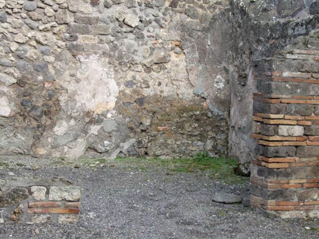 IX.2.6 Pompeii. December 2007. Looking east towards the triclinium?
According to Boyce, in 1937 on the west wall of this rear room was a fragment of a panel of white stucco bordered in red.
On this stucco was painted a single red serpent coiling among plants.
See Boyce G. K., 1937. Corpus of the Lararia of Pompeii. Rome: MAAR 14. (p. 80)