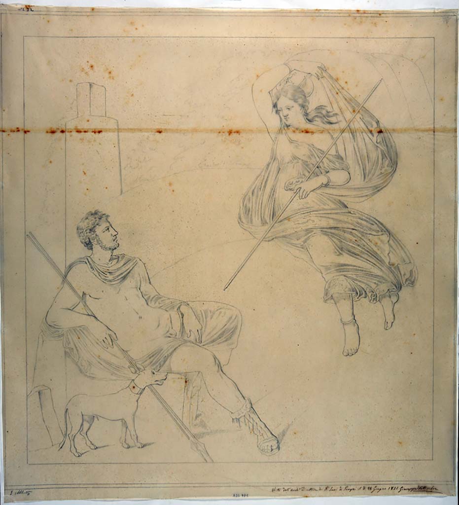 IX.2.10 Pompeii. Drawing by Giuseppe Abbate, 1851, of painting of Endymion and Selene found on wall of triclinium on 22nd April 1851.
Now in Naples Archaeological Museum. Inventory number ADS 975.
Photo © ICCD. http://www.catalogo.beniculturali.it
Utilizzabili alle condizioni della licenza Attribuzione - Non commerciale - Condividi allo stesso modo 2.5 Italia (CC BY-NC-SA 2.5 IT)
The painting was detached and taken to Naples Museum, inv. 9246.