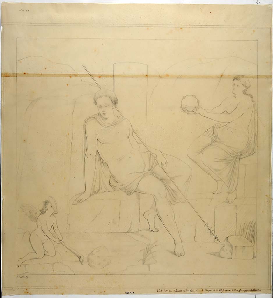 IX.2.10 Pompeii. Drawing by Giuseppe Abbate, 1851, of painting of Narcissus and the nymph found in the same triclinium
See Helbig, W., 1868. Wandgemälde der vom Vesuv verschütteten Städte Campaniens. Leipzig: Breitkopf und Härtel, (1360).
Now in Naples Archaeological Museum. Inventory number ADS 977.
Photo © ICCD. http://www.catalogo.beniculturali.it
Utilizzabili alle condizioni della licenza Attribuzione - Non commerciale - Condividi allo stesso modo 2.5 Italia (CC BY-NC-SA 2.5 IT)
The original painting was detached and is now in Naples Archaeological Museum. Inventory number 9386.