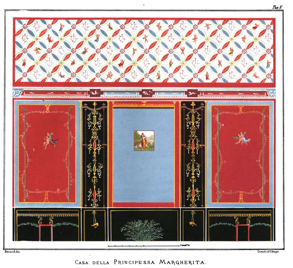 IX.2.10 Pompeii. 1877. Watercolour copy by G. Discanno of south wall of cubiculum.
According to Steeger, the graceful decoration of this cubicle has almost all disappeared, so this reproduction preserves for future times an image of the disappearing paintings.
In particular, the frieze of this wall is worthy of observation, because the design offers an example that resembles upholstery.
The curves were marked first with the compass; the figures in the boxes are not painted in fretwork, because each one is different from the other.
A wide frame of very protruding stucco separates the frieze from the middle wall.
The blue panel in the centre has the painting of Polyphemus and Galatea.
The candelabras on the black vertical bands that divide the compartments and descend into the plinth, were executed with such finesse, that a small copy could not reproduce them perfectly.
See Steeger V., 1877. Le più belle pareti di Pompei. Torino: Loescher. Fasc. III, p. 7, Tav. VII.