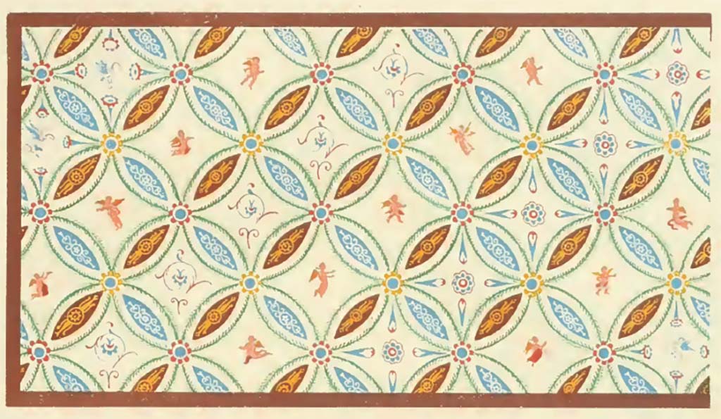 IX.2.10 Pompeii. 1877. Watercolour copy by G. Discanno of upper wall of cubiculum.
According to Presuhn, this reproduces a fragment of an upper wall whose design is obviously copied from a ceiling.
The figures which occupy the center of each circle are most varied.
See Presuhn E., 1877. Die pompejanischen Wanddecorationen. Leipzig: Weigel, Taf. XIV.