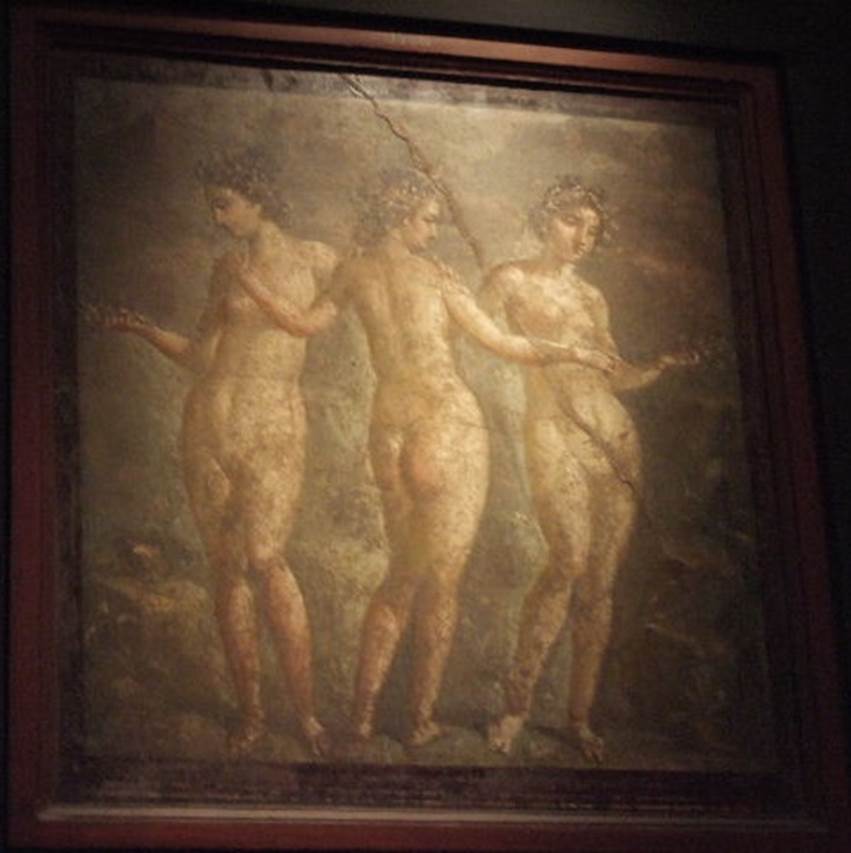 Painting of the Three Graces. Found on south wall of tablinum of IX.2.16.
Now in Naples Archaeological Museum. Inventory number 9236.