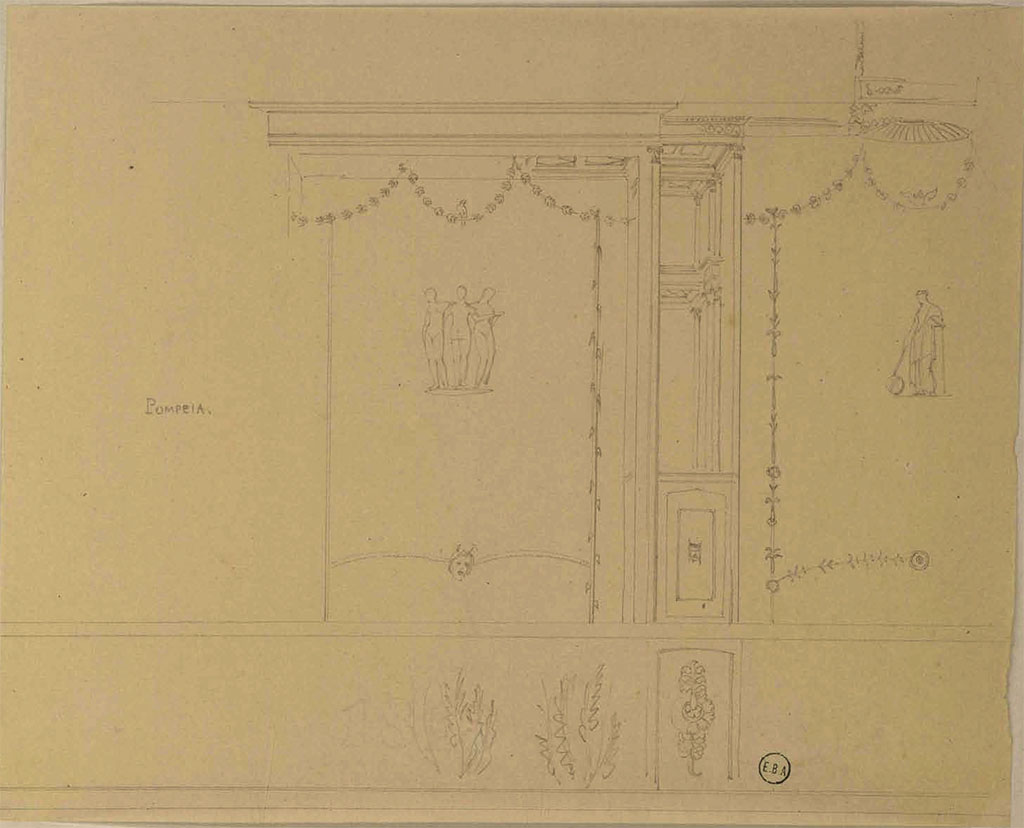 IX.2.16 Pompeii. Sketch of south wall of tablinum by Jean-Baptiste Ciceron Lesueur (1794-1883), with the central painting of the Three Graces.
See Lesueur, Jean-Baptiste Ciceron. Voyage en Italie de Jean-Baptiste Ciceron Lesueur (1794-1883), p. 86/133.
See Book on INHA reference INHA NUM PC 15469 (04) « Licence Ouverte / Open Licence » Etalab