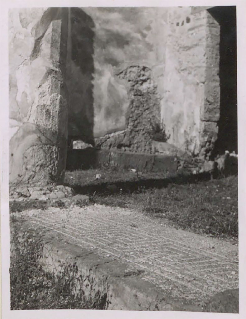 IX.2.16 Pompeii. Pre-1943.
According to Warscher – this is the mosaic strip between the atrium and tablinum.
(La striscia di mosaico sul pavimento fra l‘atrio e il tablino).
See Warscher, T. 1942. Catalogo illustrato degli affreschi del Museo Nazionale di Napoli. Sala LXXXII. Vol.4. Rome, Swedish Institute.