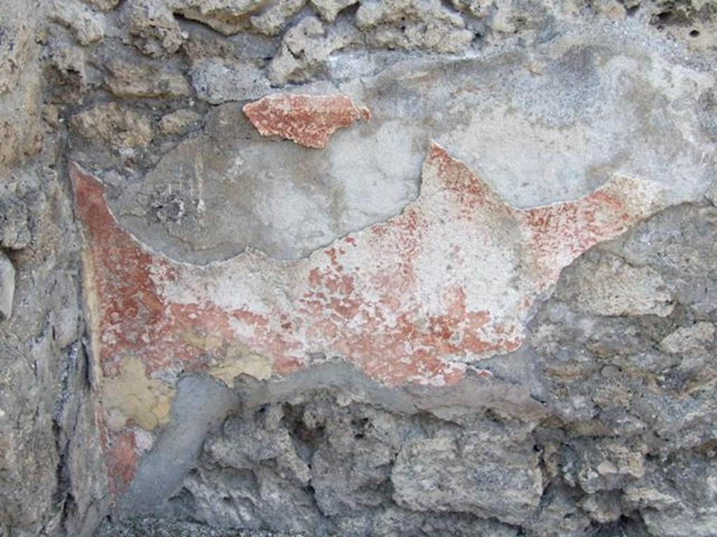 IX.2.17 Pompeii. March 2009. Room 1, atrium. West end of north wall, remains of painted plaster belonging to the high red zoccolo.