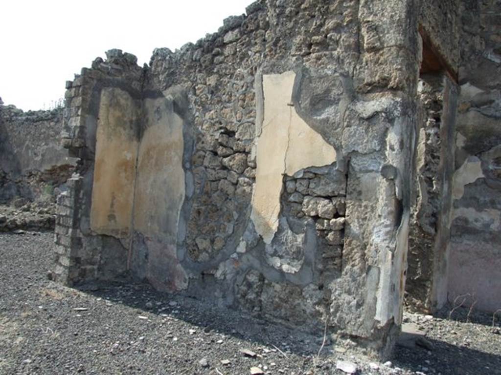 IX.2.18 Pompeii. March 2009. Room 5, north wall of tablinum. The zoccolo would have been red, the side panels would have been yellow and showed a slight trace of a flying figure, see Sogliano 823.
The large gap in the middle of the wall would have been made in ancient times, and would account for the loss of the entire middle panel and part of the red zoccolo.
See Bragantini, de Vos, Badoni, 1986. Pitture e Pavimenti di Pompei, Parte 3. Rome: ICCD. (p.420)
See Sogliano, A., 1879. Le pitture murali campane scoverte negli anni 1867-79. Napoli: Giannini. (p. 158, no: 823)