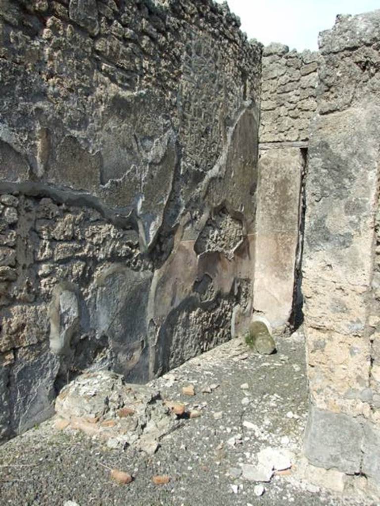 IX.2.18 Pompeii. March 2009. Room 11, garden area. East portico with remains of steps to upper floor against north wall. Looking east into room 13, corridor to atrium.