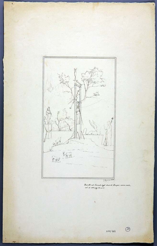 IX.2.18 Pompeii. Drawing by Geremia Discanno, 1870, of painting of sacred landscape, seen on north wall of cubiculum, but now little remains.
Now in Naples Archaeological Museum. Inventory number ADS 988.
Photo � ICCD. http://www.catalogo.beniculturali.it
Utilizzabili alle condizioni della licenza Attribuzione - Non commerciale - Condividi allo stesso modo 2.5 Italia (CC BY-NC-SA 2.5 IT)
