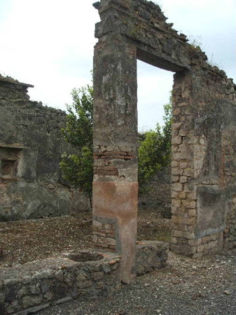 IX.2.21 Pompeii. May 2005. Peristyle garden with aedicula shrine on the south wall. The remains of a stucco relief of two snakes confronting an altar are just visible below the shrine.