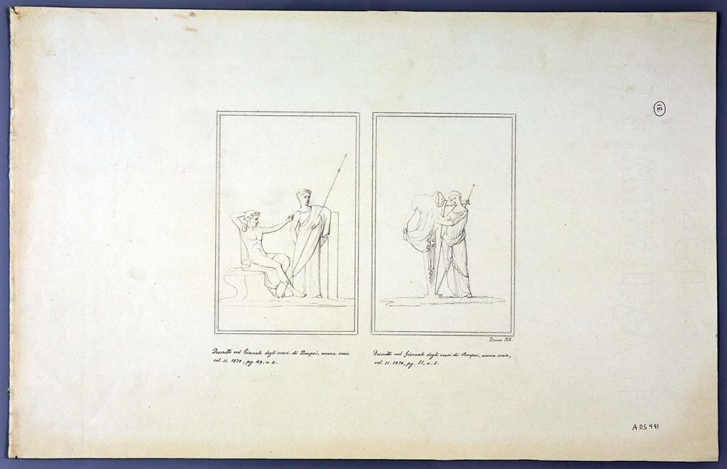IX.2.21 Pompeii. Room 13, north wall of cubiculum. Two drawings by Geremia Discanno, 1870, of paintings seen on the walls of this house.
The drawing on the left may be from the north wall of room 5 showing a sitting Dionysus and a standing Arianna.
The drawing on the right of a female figure standing near an archaic herm of Dionysus, from north wall of cubiculum, room 13.
Now in Naples Archaeological Museum. Inventory number ADS 991.
Photo © ICCD. http://www.catalogo.beniculturali.it
Utilizzabili alle condizioni della licenza Attribuzione - Non commerciale - Condividi allo stesso modo 2.5 Italia (CC BY-NC-SA 2.5 IT)
See Sogliano, A., 1879. Le pitture murali campane scoverte negli anni 1867-79. Napoli: Giannini. (p.52, no.243)
See Bragantini, de Vos, Badoni, 1986. Pitture e Pavimenti di Pompei, Parte 3. Rome: ICCD. (p.424)