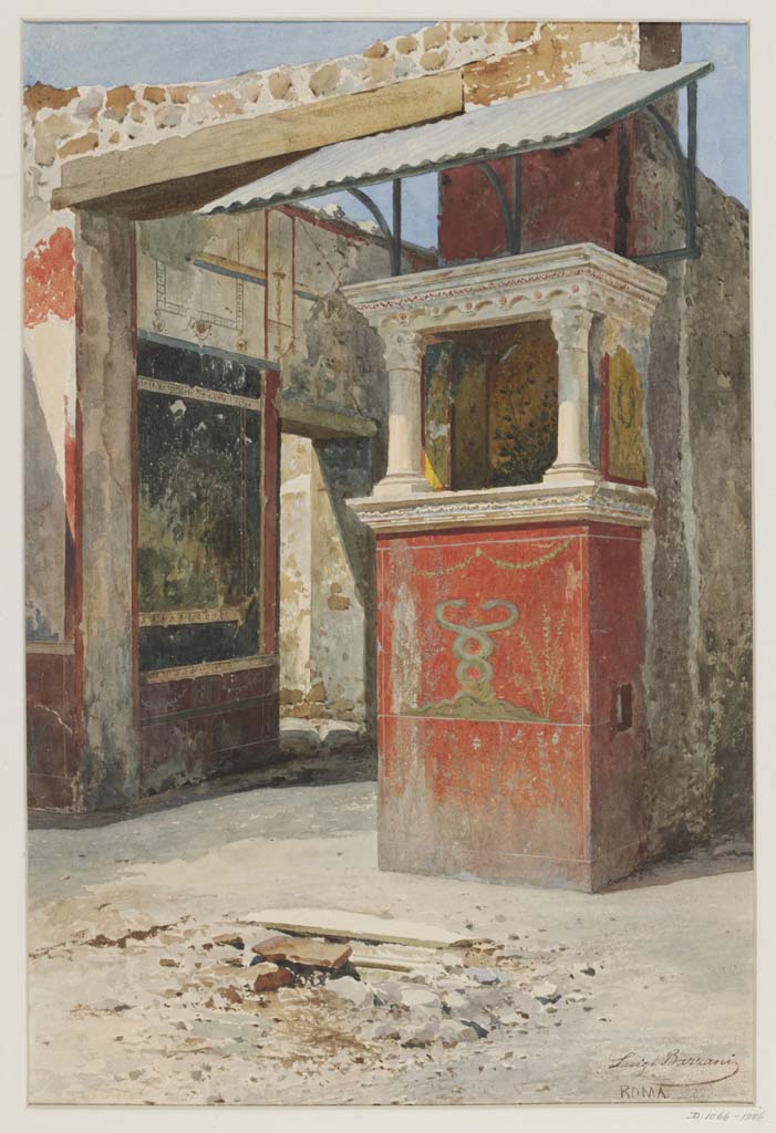 IX.2.26, Pompeii. 1886?. Watercolour by Luigi Bazzani.
Looking north in atrium towards lararium on east side of entrance corridor.
Photo © Victoria and Albert Museum. Inventory number 1066-1886.