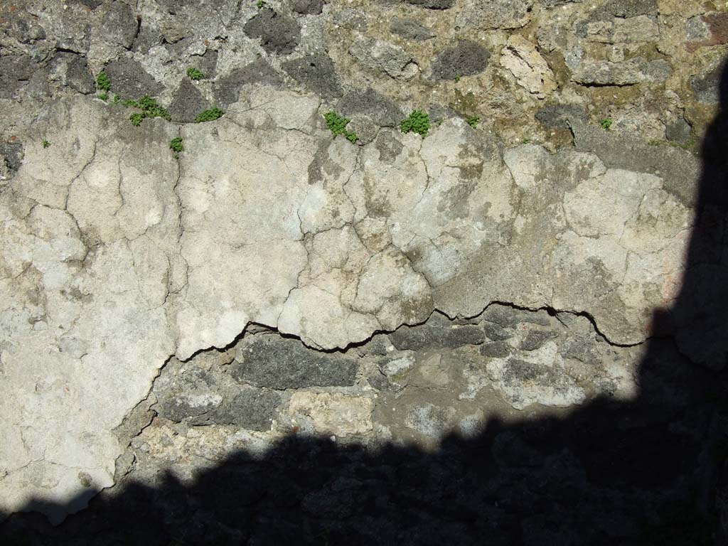 IX.3.2 Pompeii. March 2009. Plaster on east wall of kitchen, latrine, cella penaria and well or fountain room.