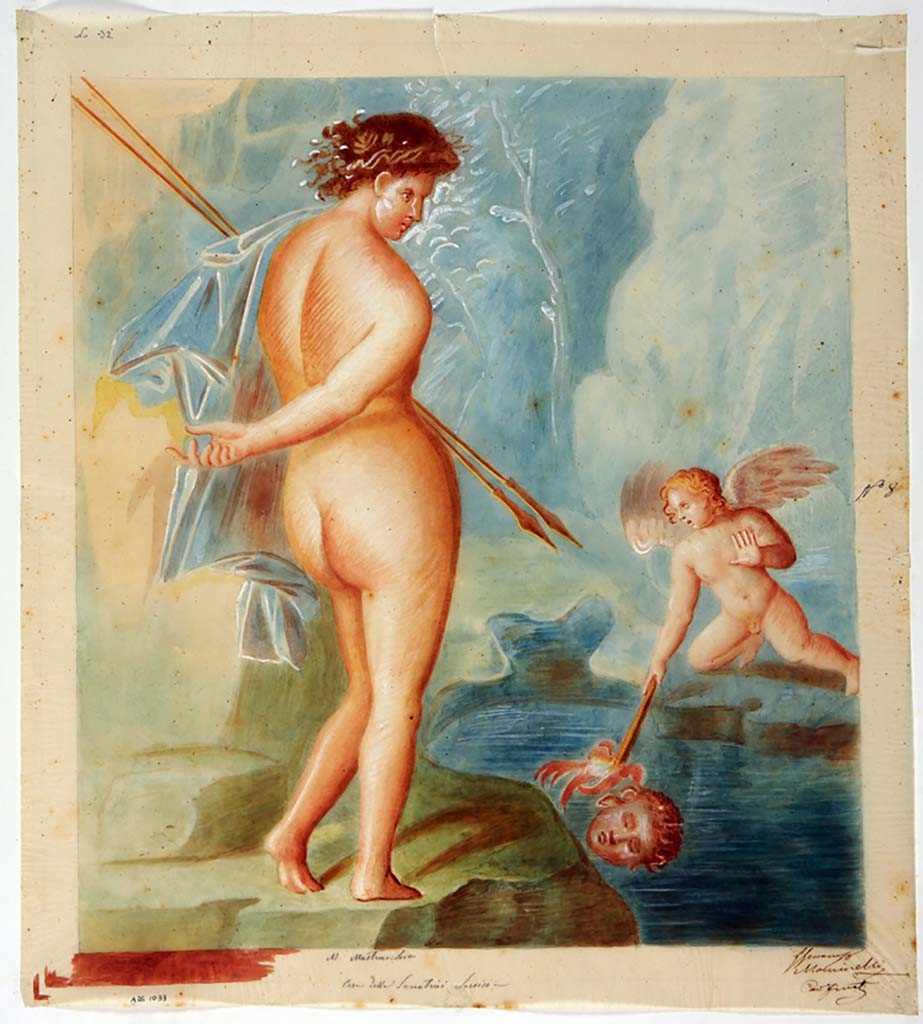 IX.3.5 Pompeii. Room 4, centre panel of the west wall. Copy painting by Michele Mastracchio of wall painting of Narcissus.
Now in Naples Archaeological Museum. Inventory number ADS 1033.
Photo © ICCD. http://www.catalogo.beniculturali.it
Utilizzabili alle condizioni della licenza Attribuzione - Non commerciale - Condividi allo stesso modo 2.5 Italia (CC BY-NC-SA 2.5 IT)
Original wall painting now in Naples Archaeological Museum.
